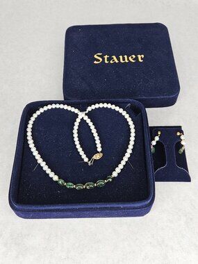 Stauer Costume Jewelry Pearl Green Stone Necklace with Dangle Earrings & Box